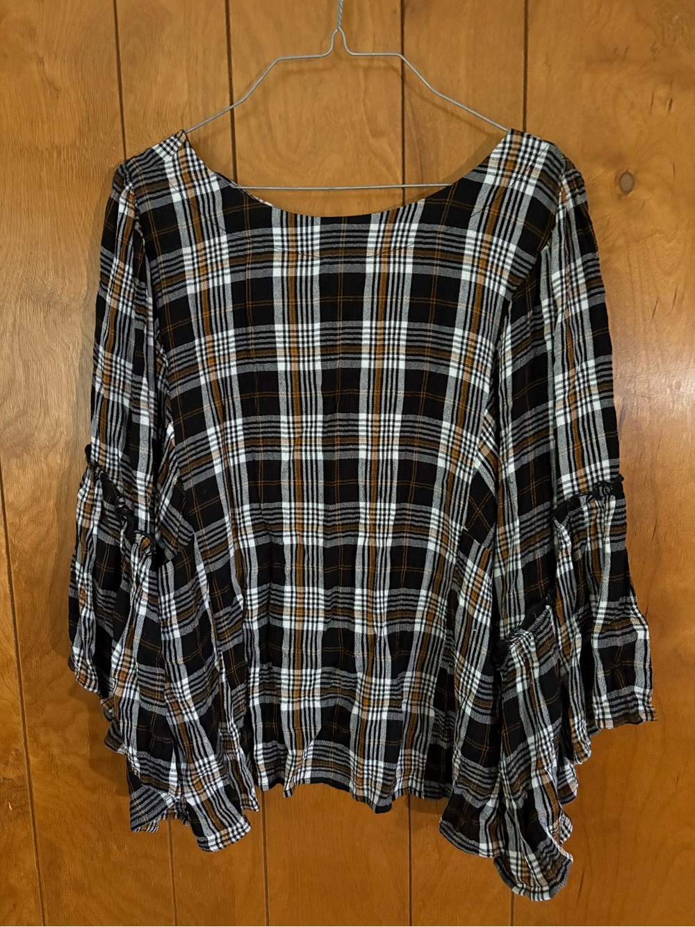 Maurices Black White and Tan Plaid Bell Sleeve Top